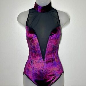 Victorias Secret Gold Label Vintage Velvet Purple and Black Sheer Bodysuit